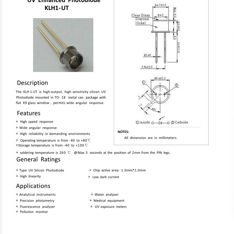KLH1-UT Szilícium UV-fotodióda és szilícium fotóelektromos érzékelő, 200–1000 nm, Kelihua Optoelectronics