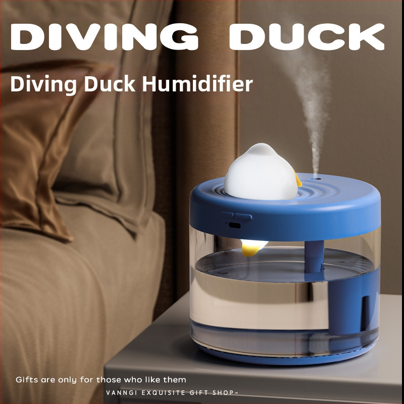 Umidificator de birou cu design rață scufundătoare, lampă ambientală, USB, model QSY01, pentru spații până la 10 m², rezervor ≤0,5 L, 1 ieșire ceață