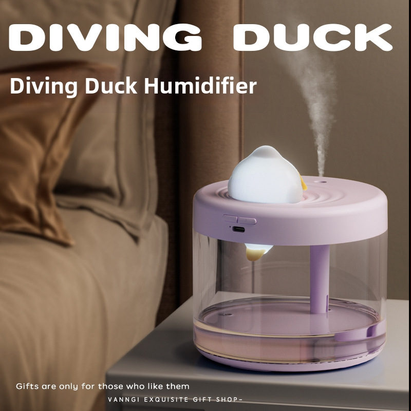 Umidificator de birou cu design rață scufundătoare, lampă ambientală, USB, model QSY01, pentru spații până la 10 m², rezervor ≤0,5 L, 1 ieșire ceață