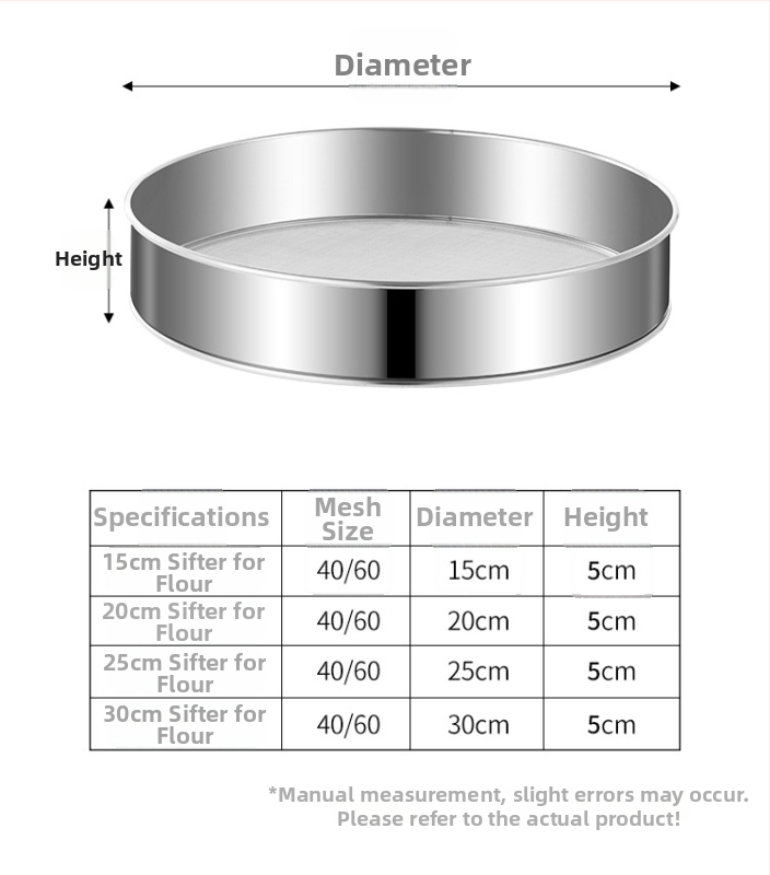 Sită de făină din oțel inoxidabil, plasă 40–60, rotund, manual, filtru fin