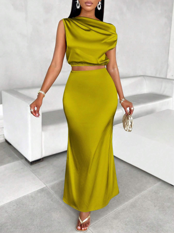 Set rochie fără mâneci din satin, lungă, poliester, primăvara 2025