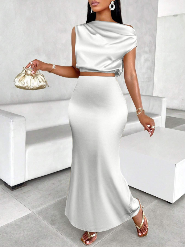 Set rochie fără mâneci din satin, lungă, poliester, primăvara 2025