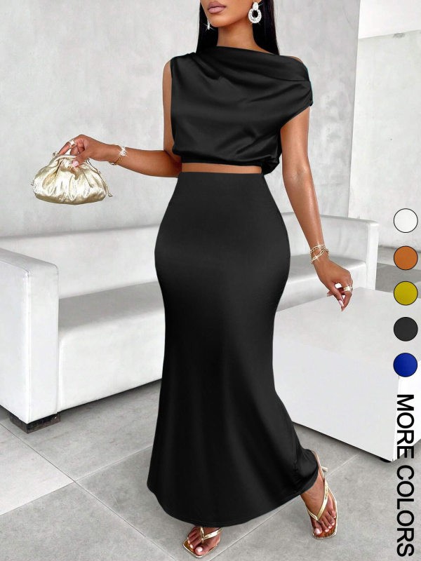 Set rochie fără mâneci din satin, lungă, poliester, primăvara 2025