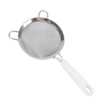 Liszt-szita műanyag fogantyúval, széles él, dupla fül, rozsdamentes acélból