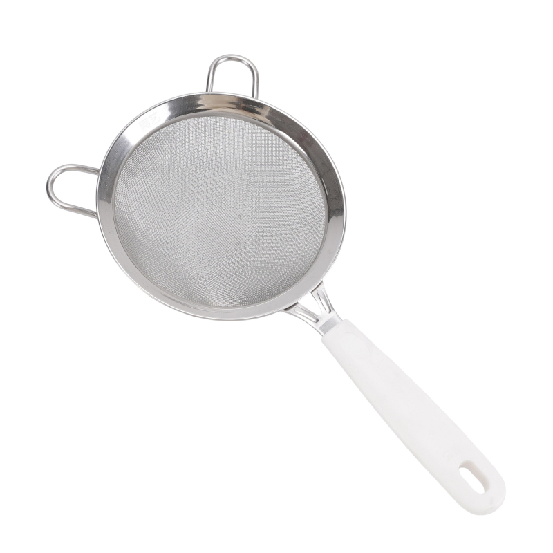 Liszt-szita műanyag fogantyúval, széles él, dupla fül, rozsdamentes acélból