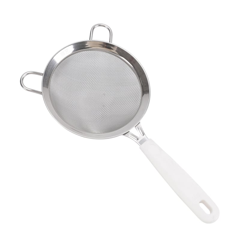 Liszt-szita műanyag fogantyúval, széles él, dupla fül, rozsdamentes acélból