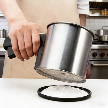 Sită de făină din oțel inoxidabil, portabilă, cu două straturi, presiune manuală