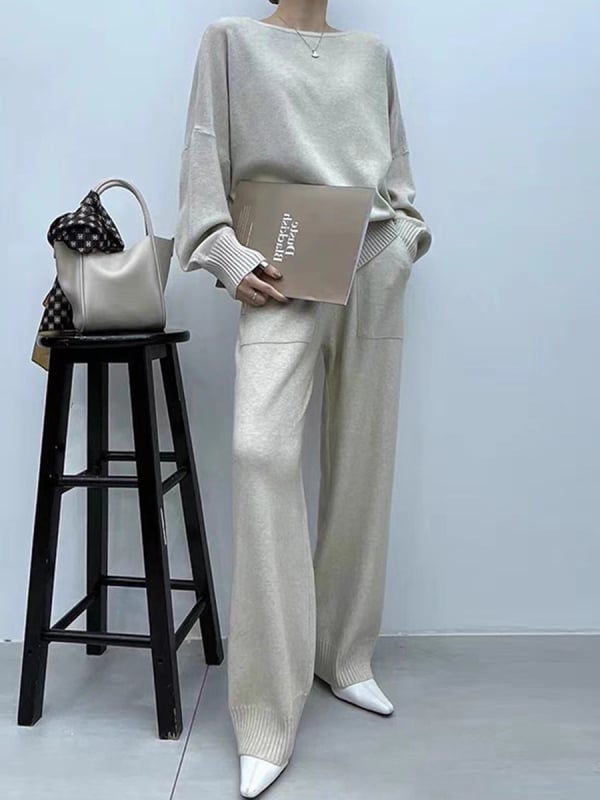 Set pentru femei format din pulover tricotat și pantaloni largi; material: tricot; poliester 70–80%; stil japonez-koreean lejer; sezon: iarnă 2025