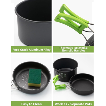 DS308 Vanjski set posuđa za kampiranje: aluminijska legura, prijenosan i ultra lagan, za 2–3 osobe, uključuje tavu, lonac i dodake, višefunkcionalno kuhanje, parenje i prženje