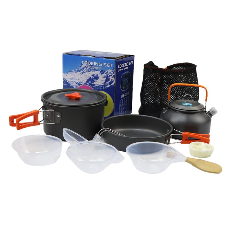DS308 Vanjski set posuđa za kampiranje: aluminijska legura, prijenosan i ultra lagan, za 2–3 osobe, uključuje tavu, lonac i dodake, višefunkcionalno kuhanje, parenje i prženje