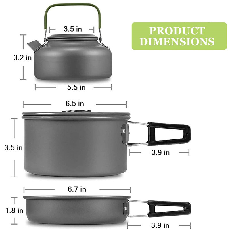 DS308 Vanjski set posuđa za kampiranje: aluminijska legura, prijenosan i ultra lagan, za 2–3 osobe, uključuje tavu, lonac i dodake, višefunkcionalno kuhanje, parenje i prženje