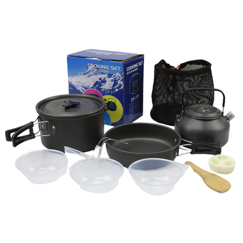 DS308 Vanjski set posuđa za kampiranje: aluminijska legura, prijenosan i ultra lagan, za 2–3 osobe, uključuje tavu, lonac i dodake, višefunkcionalno kuhanje, parenje i prženje