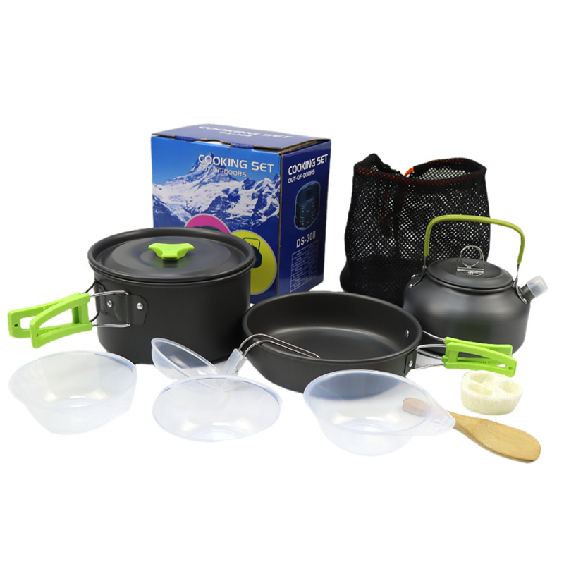 DS308 Vanjski set posuđa za kampiranje: aluminijska legura, prijenosan i ultra lagan, za 2–3 osobe, uključuje tavu, lonac i dodake, višefunkcionalno kuhanje, parenje i prženje