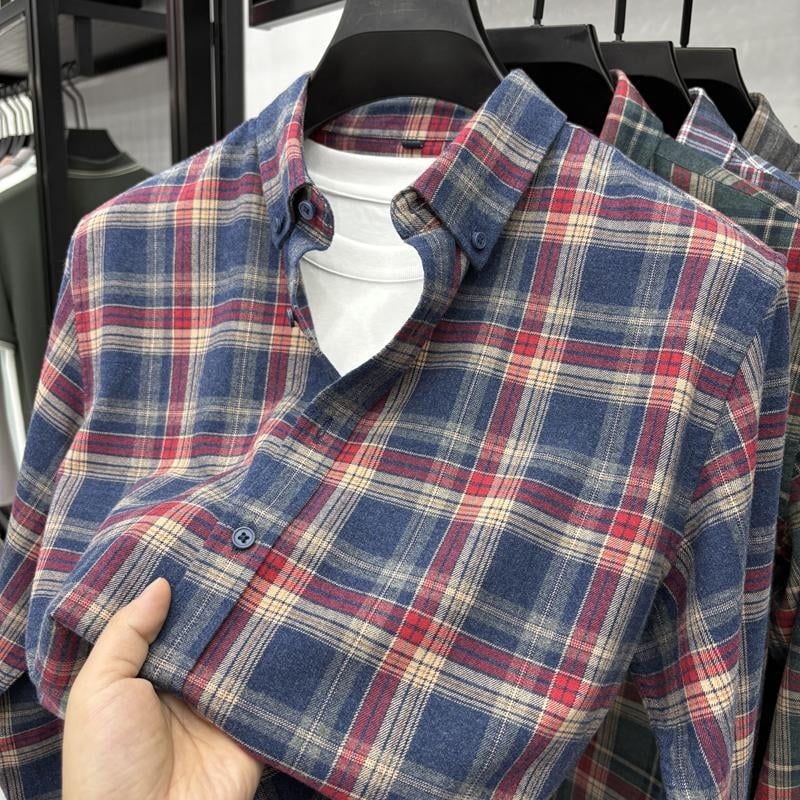 Muška košulja-jaknica s dugim rukavima, 100% pamuk, brušeni debeli materijal, karirani uzorak, proljetno-jesensko