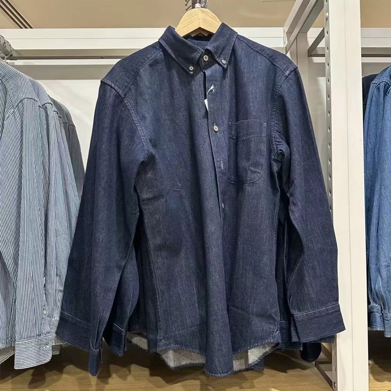 Džins košulja s dugim rukavima, stojeći ovratnik, širok kroj, žakard detalji (Glavni materijal: lan; Uzorak: jednofarban; Stil: japanski retro)