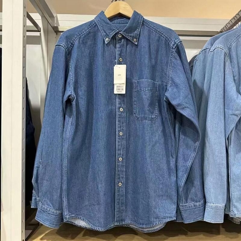 Džins košulja s dugim rukavima, stojeći ovratnik, širok kroj, žakard detalji (Glavni materijal: lan; Uzorak: jednofarban; Stil: japanski retro)