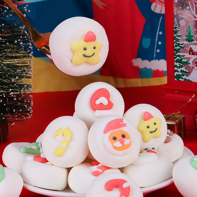 Marshmallows sandwich de Crăciun, decorate manual, în pungă 250 g, forme Moș Crăciun și om de turtă dulce, valabil 365 de zile