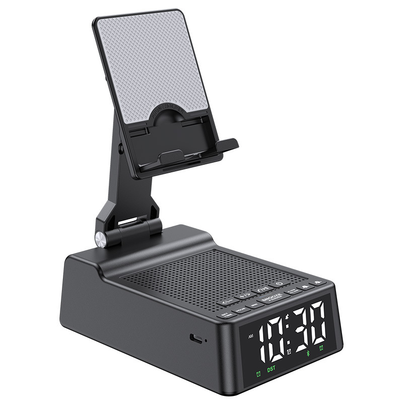 Držač za telefon s Bluetooth zvučnikom i budilicom — 3 u 1 stolni uređaj, Bluetooth 5.3, 6 W, ugrađena baterija 1200–2000 mAh, frekvencijski odziv 100 Hz–20 kHz, doseg 10 m