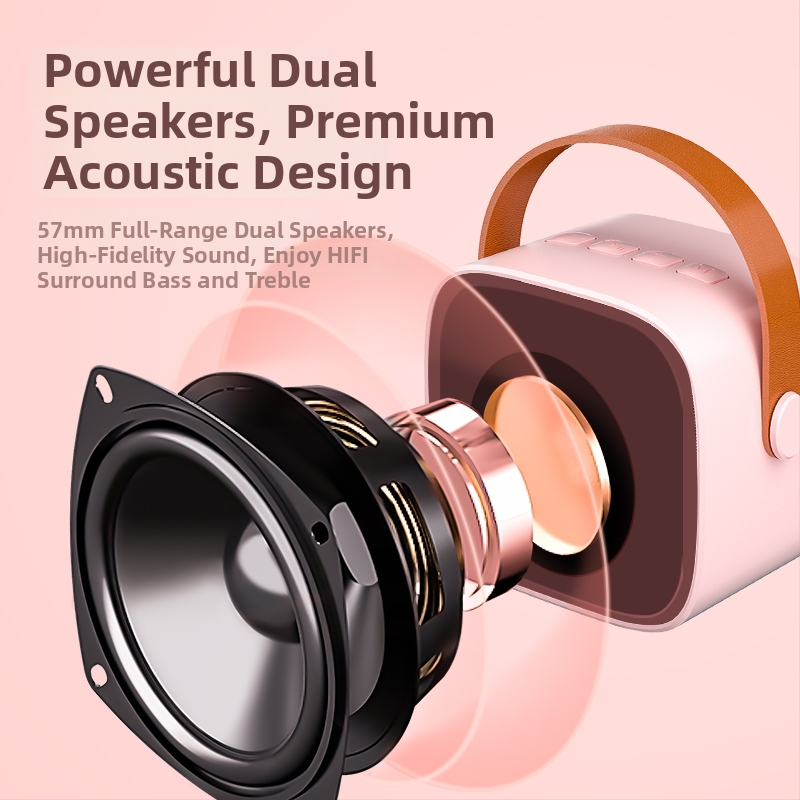 Všetko v jednom karaoke mikrofón a reproduktor pre deti, bezdrôtové Bluetooth 5.0, vstavaná batéria, 5W výkon, frekvenčný rozsah 60 Hz–15 kHz, dosah do 10 m