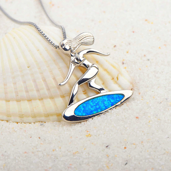 Nyaklánc surfboard alakú medállal és lány motívummal, opál kővel, rézből, doboz lánccal és állítható hosszabbítóval, Aobao