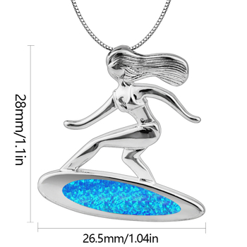 Nyaklánc surfboard alakú medállal és lány motívummal, opál kővel, rézből, doboz lánccal és állítható hosszabbítóval, Aobao