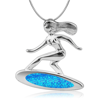 Nyaklánc surfboard alakú medállal és lány motívummal, opál kővel, rézből, doboz lánccal és állítható hosszabbítóval, Aobao