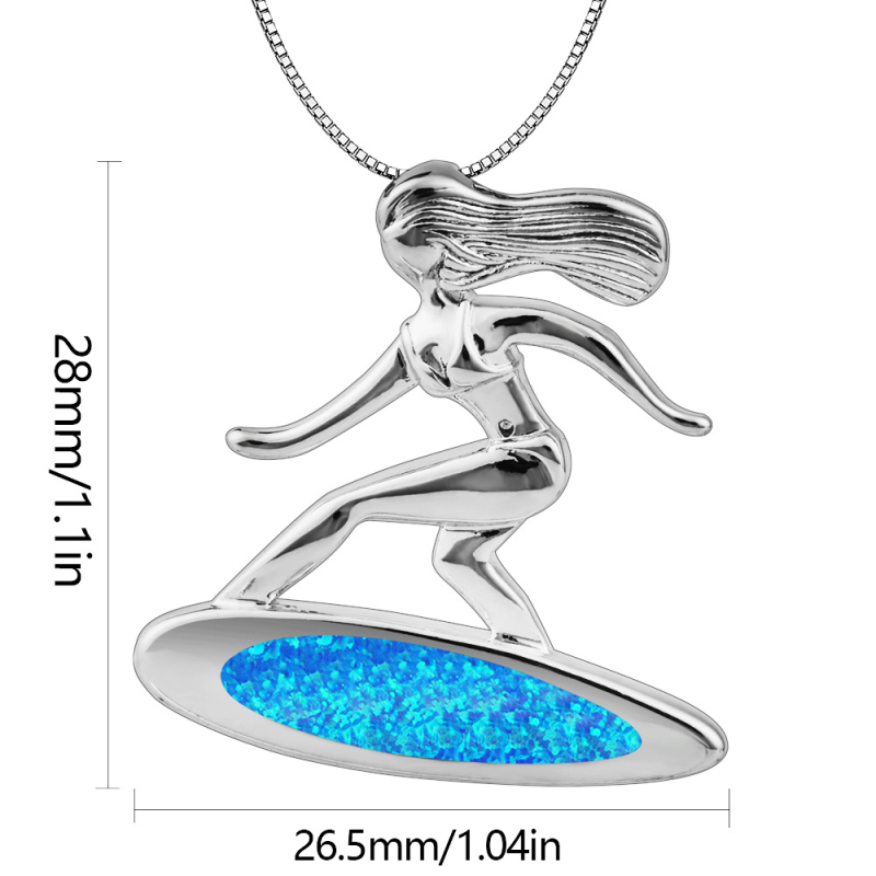 Nyaklánc surfboard alakú medállal és lány motívummal, opál kővel, rézből, doboz lánccal és állítható hosszabbítóval, Aobao