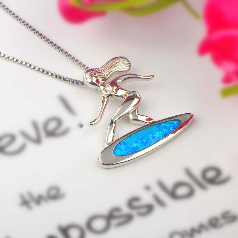 Nyaklánc surfboard alakú medállal és lány motívummal, opál kővel, rézből, doboz lánccal és állítható hosszabbítóval, Aobao