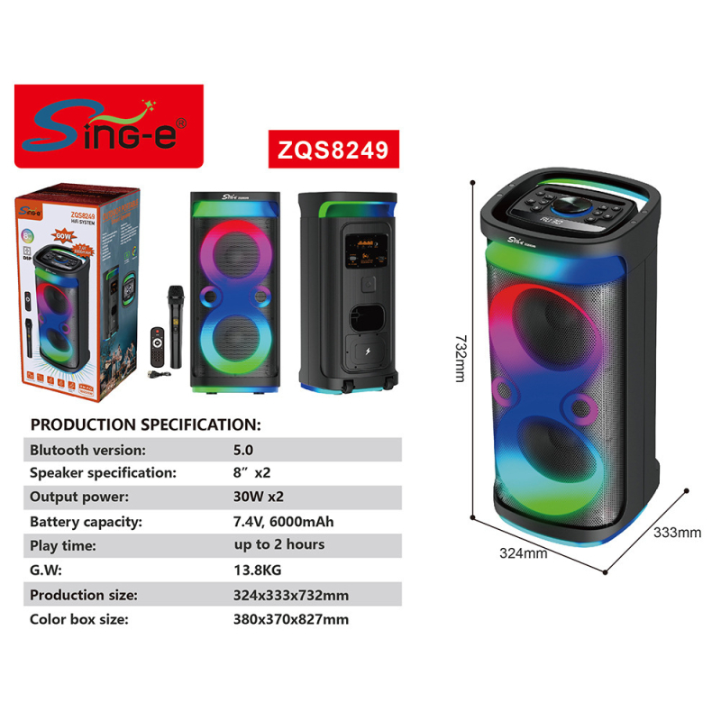 Profesionalni pozorišni KTV zvučni sustav s 2 zvučnika i mikrofon protiv povratne veze, Bluetooth 5.0, ugrađena baterija 4000–6000mAh, 44W, frekvencijski odziv 60Hz–15kHz, SNR ≥85dB
