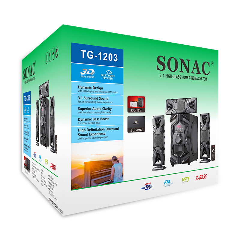 Bluetooth subwoofer 3.1 za kućni kino s karaoke funkcijom, USB/TF MP3 reprodukcija, 60W, drveno kućište