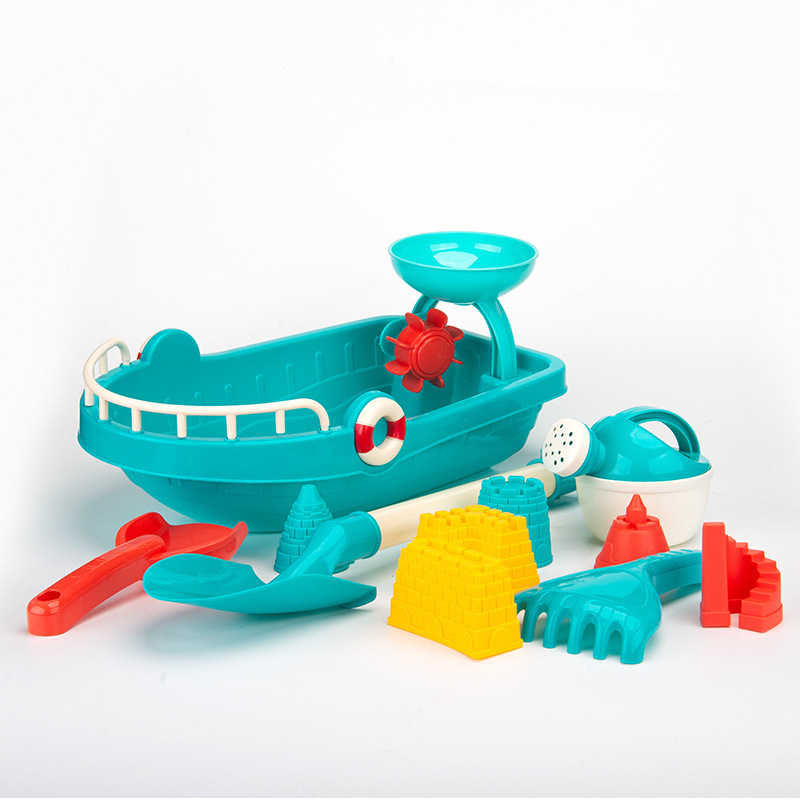 Σετ 11 τεμαχίων παιχνιδιών άμμου και νερού για παραλία: βάρκες παραλίας, κανάτα νερού, κουβάς, φτυάρι χιονιού; για παιδιά 4–6 ετών; συσκευασμένο σε δίχτυ
