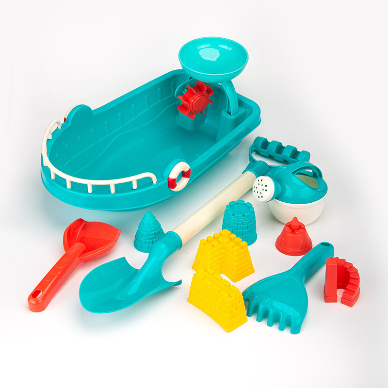 Σετ 11 τεμαχίων παιχνιδιών άμμου και νερού για παραλία: βάρκες παραλίας, κανάτα νερού, κουβάς, φτυάρι χιονιού; για παιδιά 4–6 ετών; συσκευασμένο σε δίχτυ