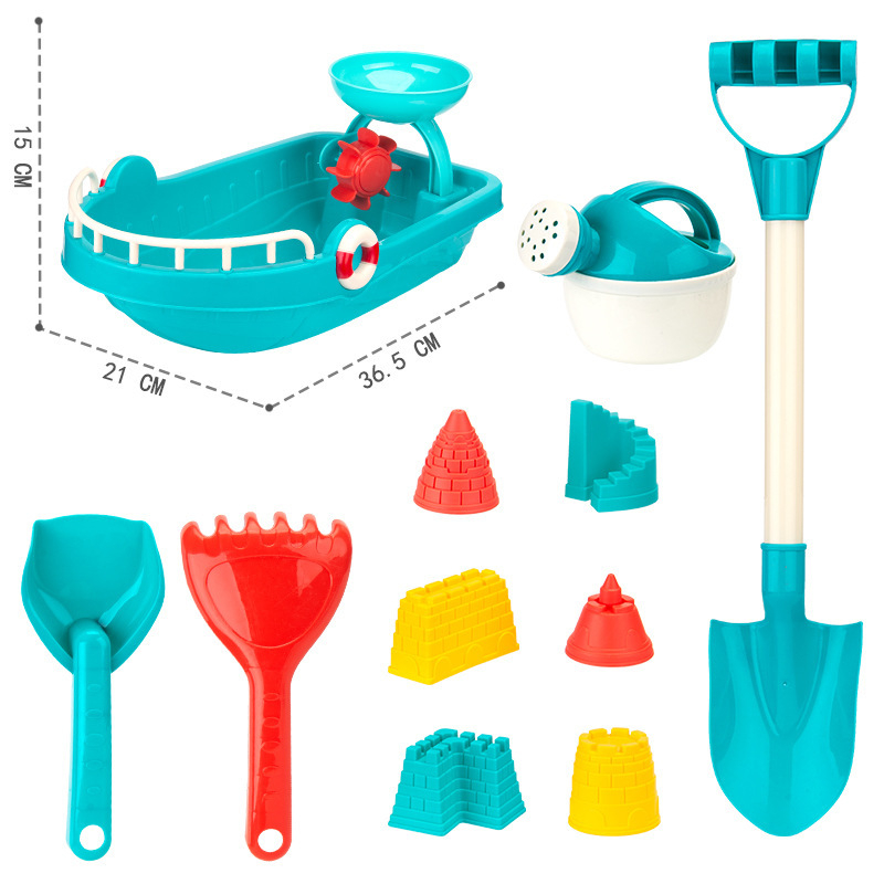 Σετ 11 τεμαχίων παιχνιδιών άμμου και νερού για παραλία: βάρκες παραλίας, κανάτα νερού, κουβάς, φτυάρι χιονιού; για παιδιά 4–6 ετών; συσκευασμένο σε δίχτυ