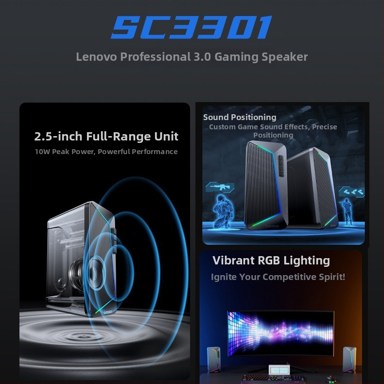 Lenovo USB RGB herný reproduktorový systém pre počítač so 2 reproduktormi a RGB osvetlením, 100Hz–20kHz, SNR ≥85dB