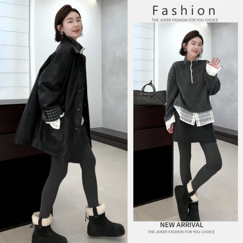 Set în trei piese de iarnă: top lejer cu guler, palton cu rever și fustă scurtă talie înaltă, poliester, sezon toamnă-iarnă, mâneci lungi