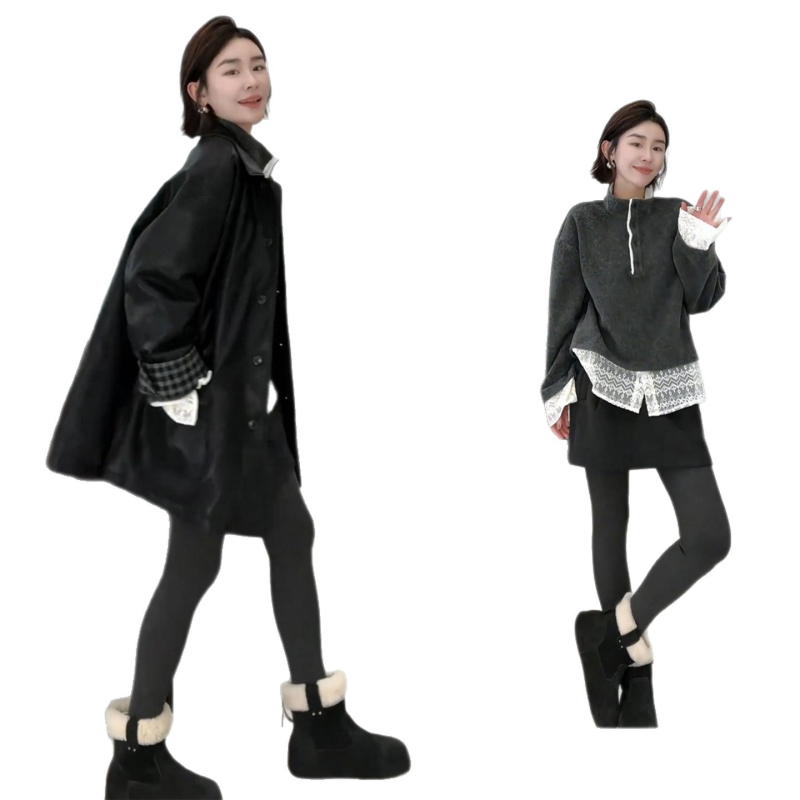 Set în trei piese de iarnă: top lejer cu guler, palton cu rever și fustă scurtă talie înaltă, poliester, sezon toamnă-iarnă, mâneci lungi