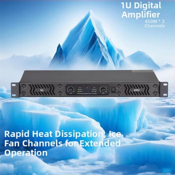 Dvojkanálový profesionálny digitálny zosilňovač pre pódiové zostavy, 450 W, 4–8 Ω, 20 Hz–20 kHz, THD 0,005%