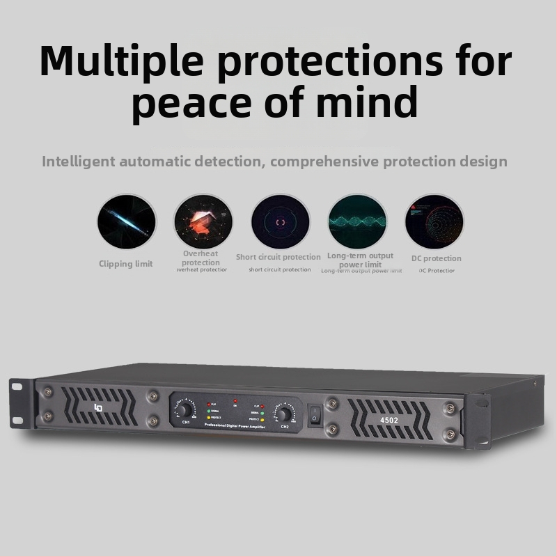Dvojkanálový profesionálny digitálny zosilňovač pre pódiové zostavy, 450 W, 4–8 Ω, 20 Hz–20 kHz, THD 0,005%