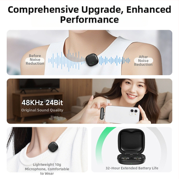 Microfon Lavalier fără fir V36 pentru transmisiuni AI, anulare zgomot AI, Bluetooth 5.3, interval frecvențe 20 Hz–20 kHz, SNR ≥85 dB, autonomie baterie 6–8 h