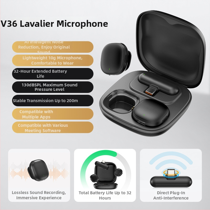 Microfon Lavalier fără fir V36 pentru transmisiuni AI, anulare zgomot AI, Bluetooth 5.3, interval frecvențe 20 Hz–20 kHz, SNR ≥85 dB, autonomie baterie 6–8 h