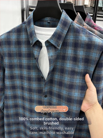 Cămașă din bumbac 100% cu model pătrățos (carouri), mâneci lungi, guler pătrat, pentru bărbați, casual zilnic