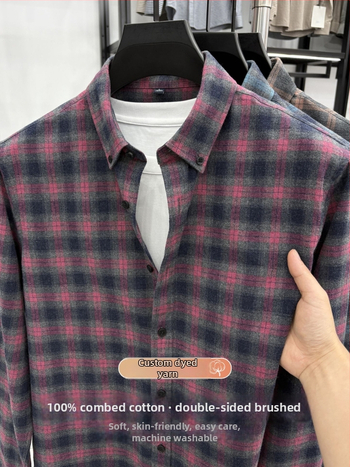 Cămașă din bumbac 100% cu model pătrățos (carouri), mâneci lungi, guler pătrat, pentru bărbați, casual zilnic