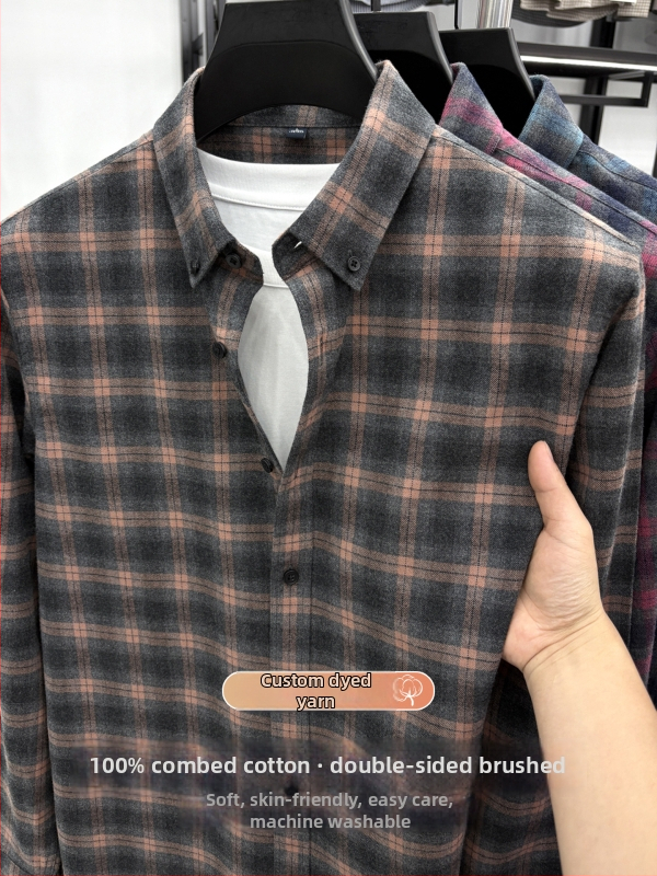 Cămașă din bumbac 100% cu model pătrățos (carouri), mâneci lungi, guler pătrat, pentru bărbați, casual zilnic