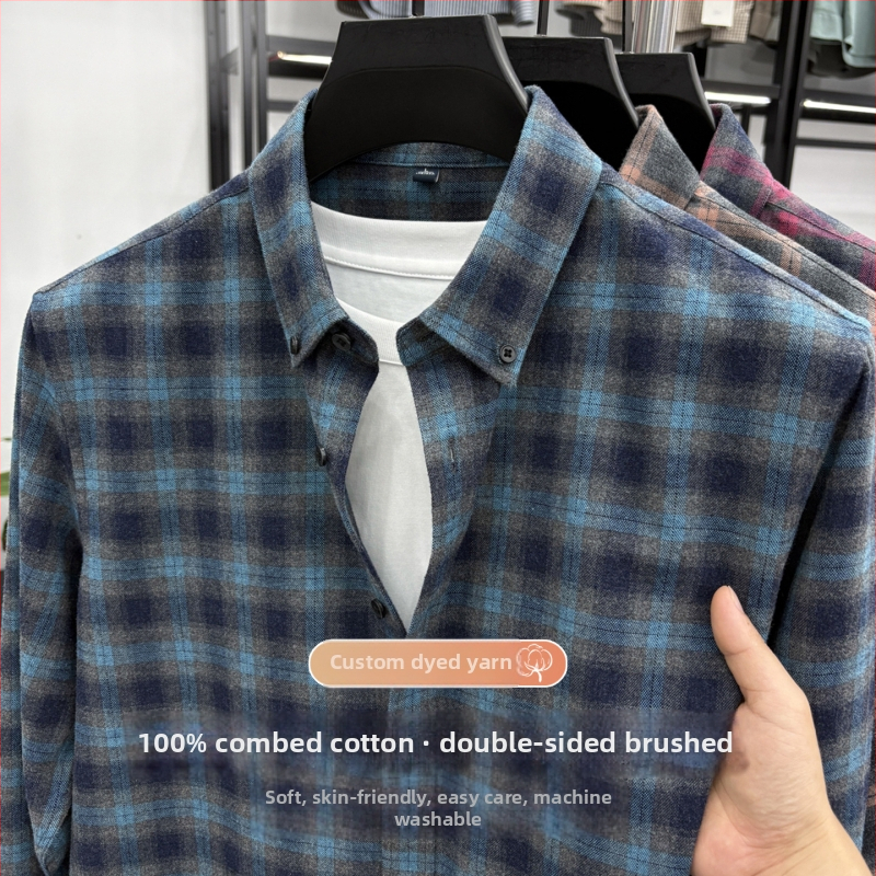 Cămașă din bumbac 100% cu model pătrățos (carouri), mâneci lungi, guler pătrat, pentru bărbați, casual zilnic