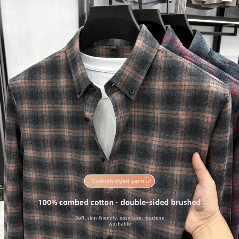 Cămașă din bumbac 100% cu model pătrățos (carouri), mâneci lungi, guler pătrat, pentru bărbați, casual zilnic