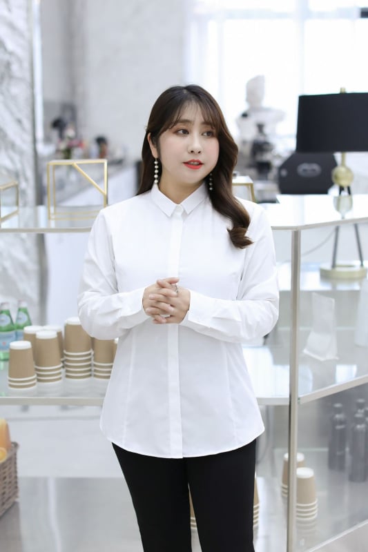 Ženska košulja s dugim rukavom, polo ovratnik, rastezljiva pamuk s 50–70% pamuka i manje od 30% elastana, elegantan uredski komad