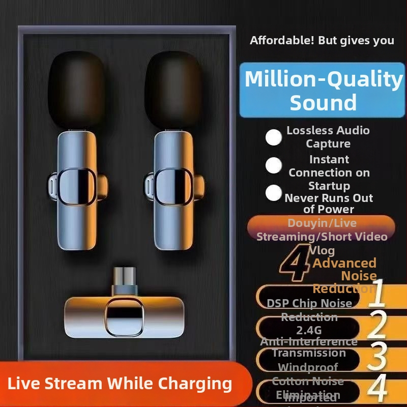 Zajcsökkentő vezeték nélküli lavalier mikrofon, 1-2 átvitellel, élő felvételhez, Android és iOS kompatibilis, kültéri használatra