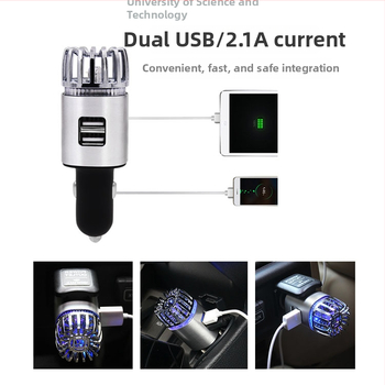 Dvofunkcijski metalni auto punjač i pročistač zraka, anion, model 6291, aluminijska legura + ABS, 0.8W, USB 2 porta