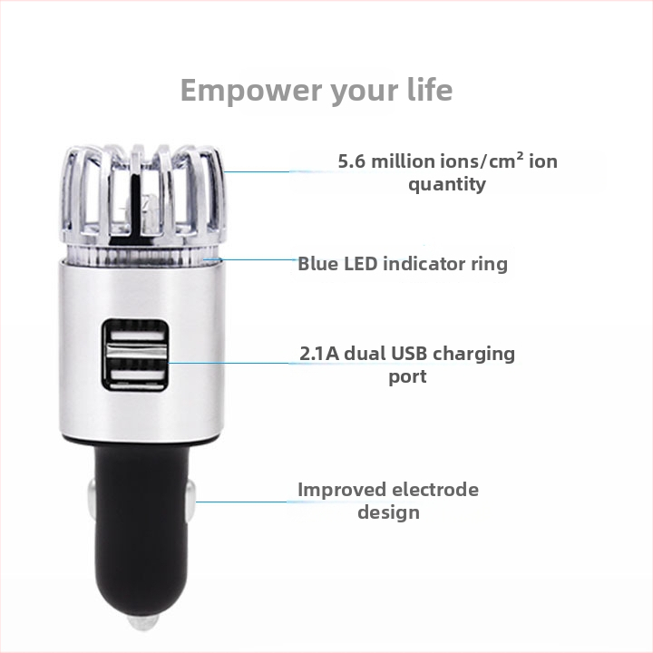 Dvofunkcijski metalni auto punjač i pročistač zraka, anion, model 6291, aluminijska legura + ABS, 0.8W, USB 2 porta