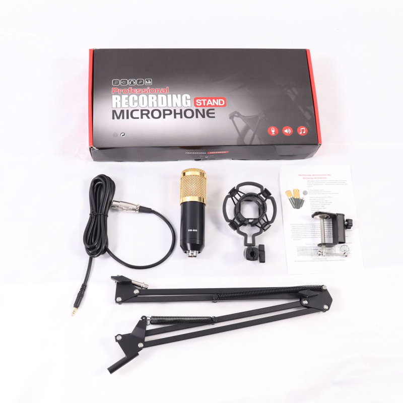 BM800 mikrofon szett élő adáshoz és karaokehoz – kondenzátor mikrofon, vezeték nélküli, 2.1 csatornás, 100 Hz–20 kHz, SNR ≥60 dB, alkalmazással kompatibil